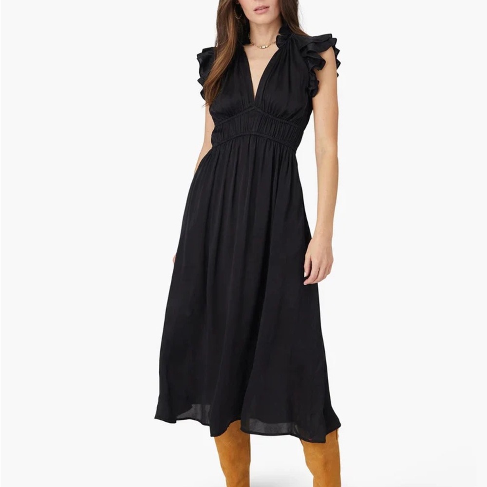 Black Ruffled V-Neck Midi Dress